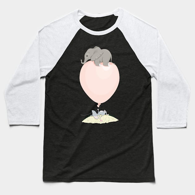 Elephant on a flying balloon Baseball T-Shirt by RebecaZum